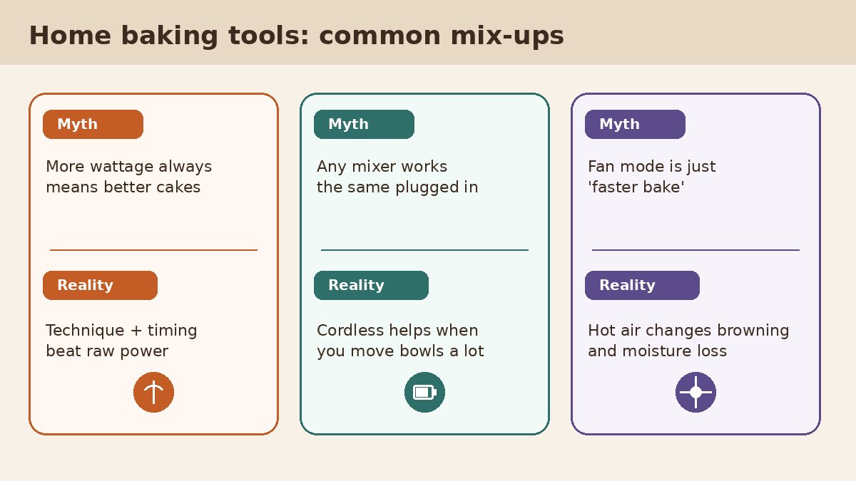 Illustrated kitchen counter with mixer bowl, spatula, and oven dials highlighting common home baking tool myths